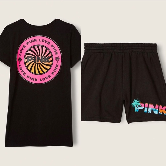 VS Pink SET Black Tropical Shine Perfect Tee & 3.5” Tropical Campus Sweat Shorts - Picture 1 of 16